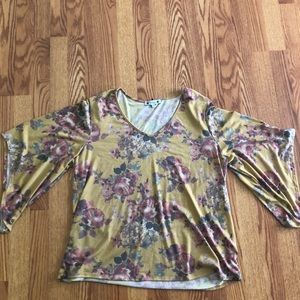 Yellow, Floral, bell sleeved plus sized top